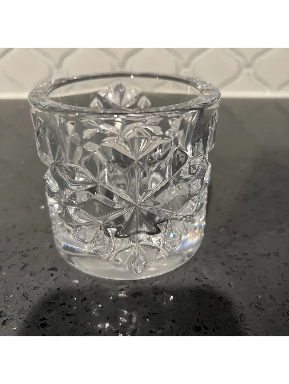 Tiffany & Co Clear Crystal Rock Cut Snowflake Pattern Votive Candle Holder VTG